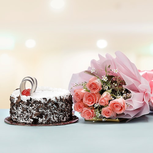 Buy Black Forest Cake with Pink Roses