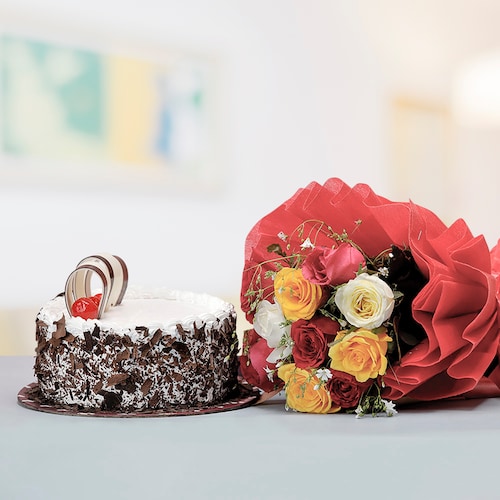 Buy Black Forest Cake with Mixed Roses