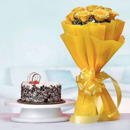 Buy Black Forest Cake with Yellow Roses