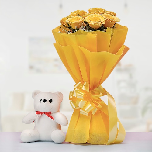 Buy Yellow Roses with Teddy
