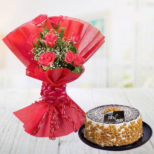 Buy Butterscotch Cake With 8 Red Roses