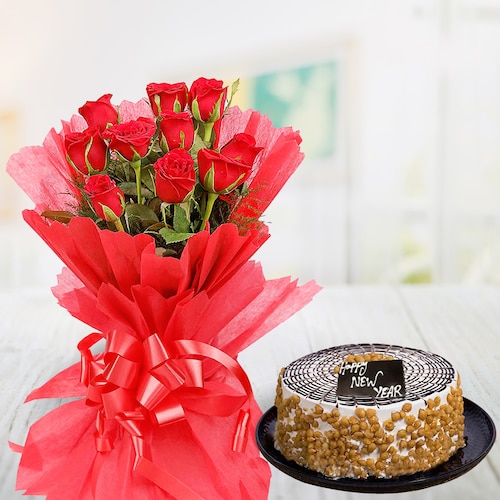Buy 10 Red Roses With Butterscotch Cake
