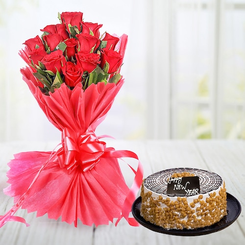 Buy Butterscotch Cake With 15 Red Roses