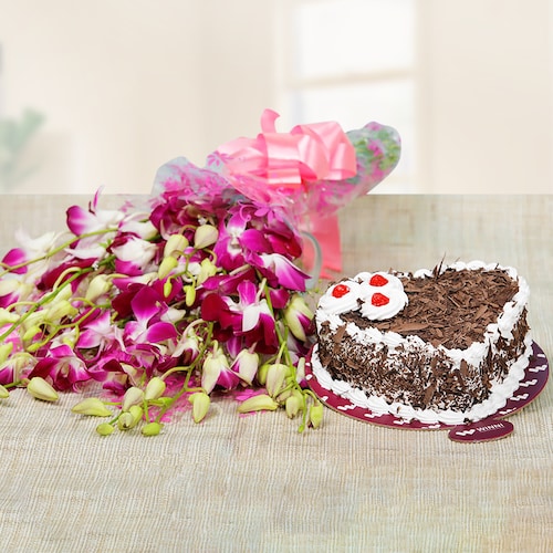 Buy Black Forest Heart Shape Cake With Orchids