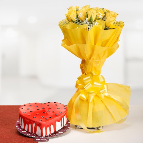 Buy 10 Yellow Roses and Strawberry Cake