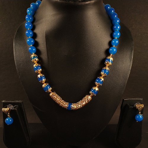 Buy Blue Beaded Necklace Earrings Set