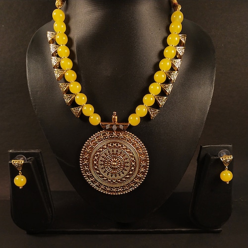 Buy Yellow Designer Beaded Necklace Set