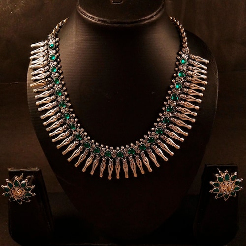 Buy Oxidized Silver Green Stone Studded Necklace Set