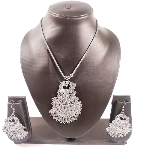 Buy Peacock Design Silver Necklace Set