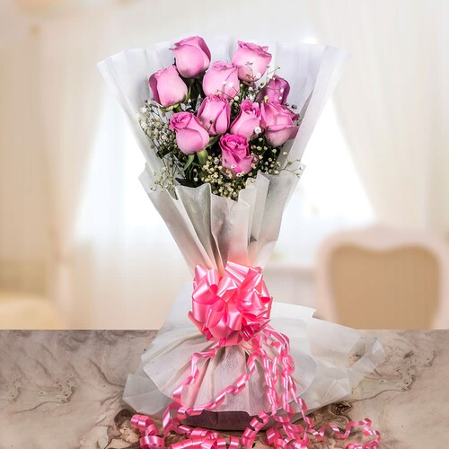 Buy 10 Pink Rose Bunch in White Paper