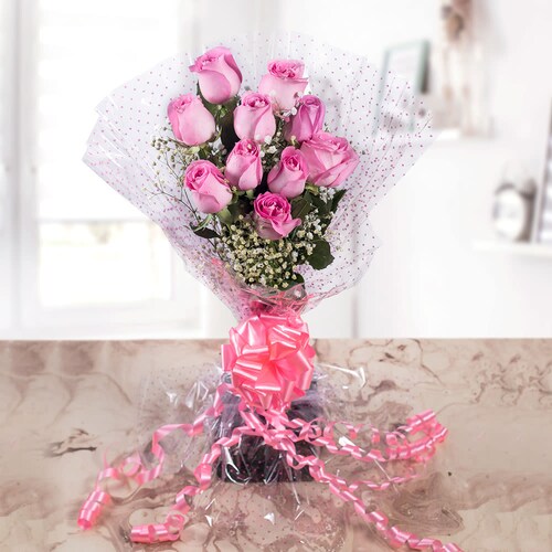 Buy 10 Pink Roses Bouquet In Cellophane Packing
