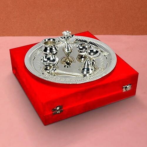Buy Silver plated Steel Pooja Thali With Brass Bell