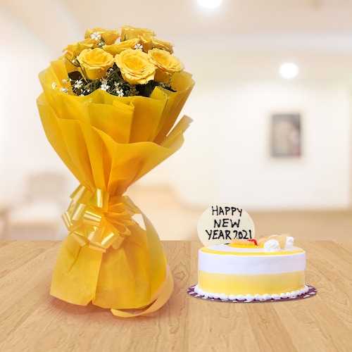 Buy New Year Pineapple Cake with Yellow Roses