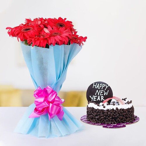 Buy Red Gerberas With Choco New Year Cake