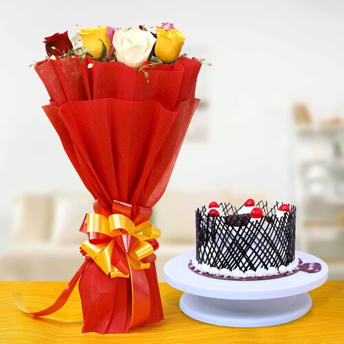 Buy Mix Roses With Black Forest Cake