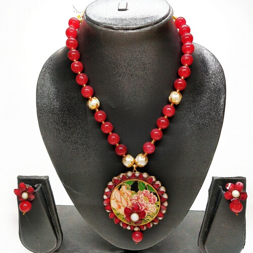 Buy Red Tone Beaded Necklace Earrings Set