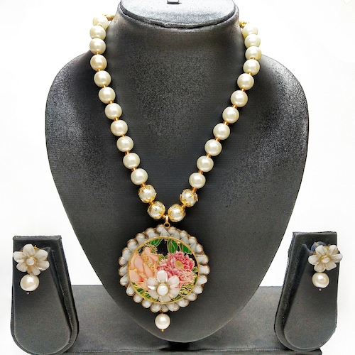 Buy White Tone Beaded Necklace Earrings Set