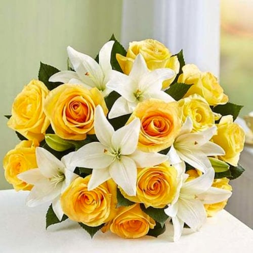Buy Yellow Rose and White Lily Bouquet