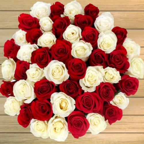 Buy 50 Red Orange & White Roses