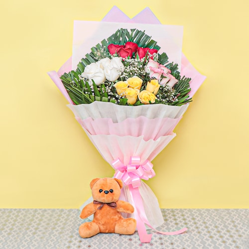 Buy Serendipity Mix Roses Bunch With Teddy