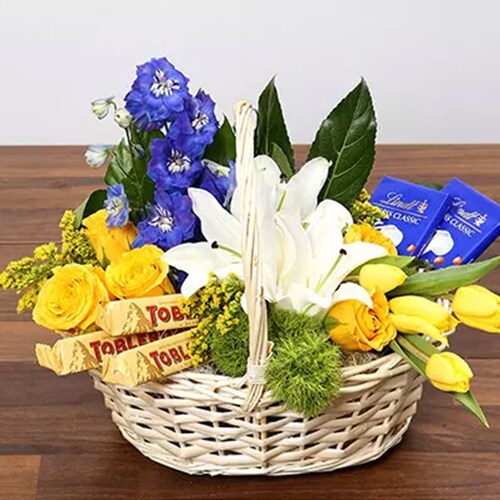 Buy Flowers And Chocolates In A Basket
