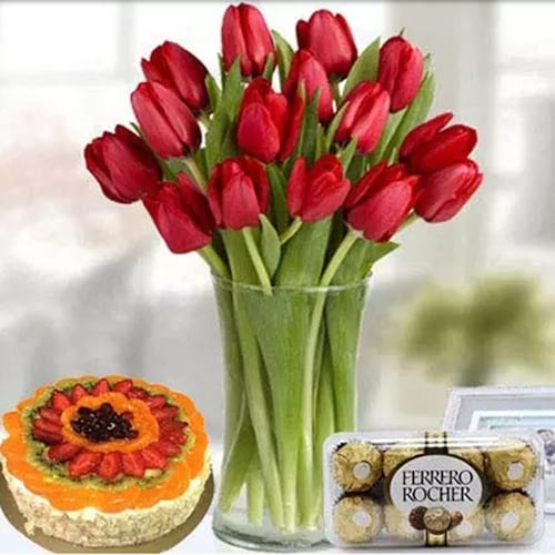 Buy Tulips In A Vase And Chocolates