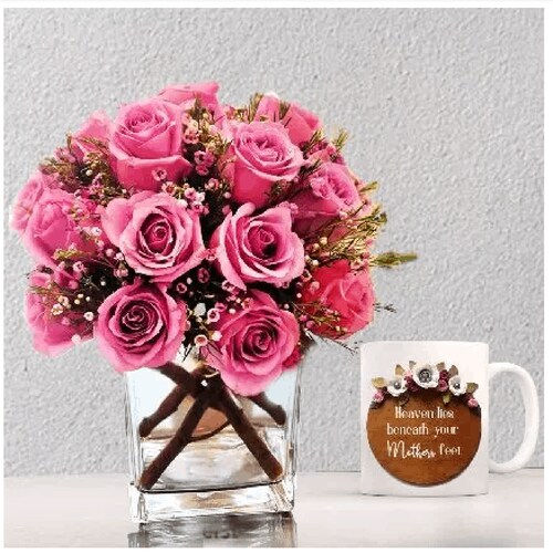 Buy Divine Roses Arrangement With Printed Mug