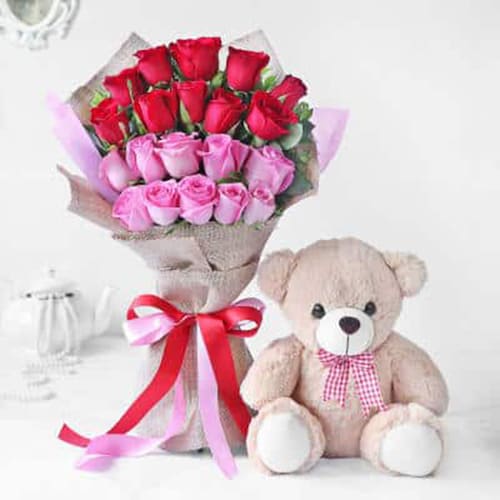 Buy Bouquet Of Red And Pink Roses With Teddy Bear