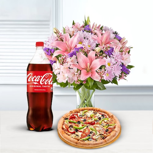 Buy Vibrant Floral Charm With Yummy Veg Pizza