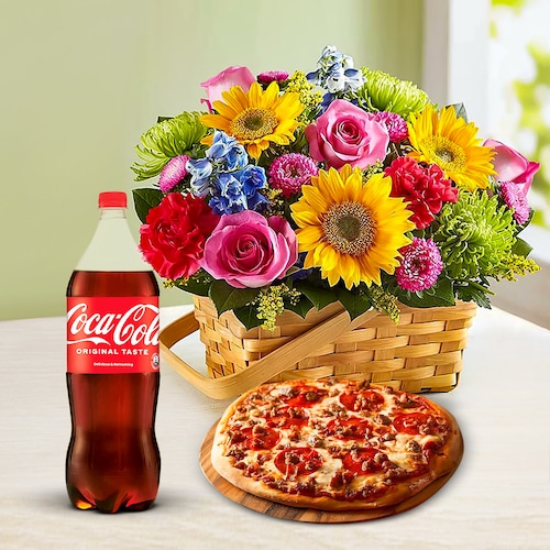 Buy Attractive Blooms With Tasty Non Veg Pizza