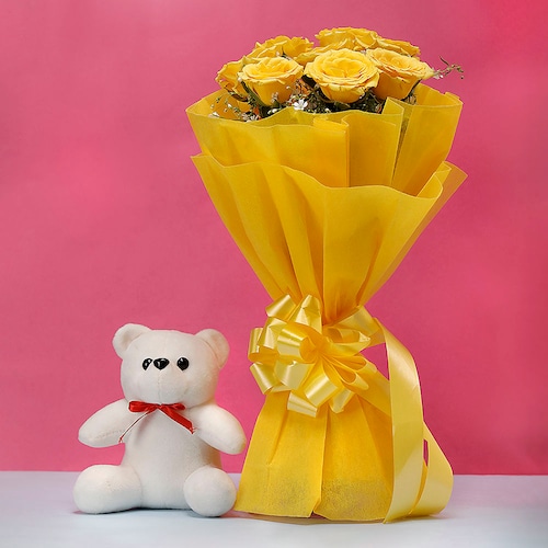 Buy Yellow Roses Bouquet With Teddy Bear
