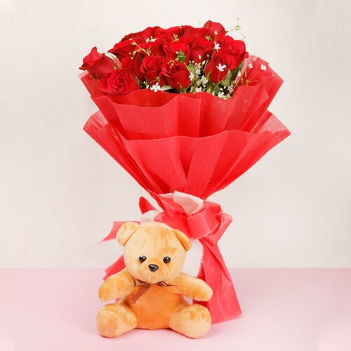 Buy 20 Red Roses With Teddy Bear