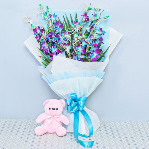 Buy 6 Orchids Bouquet With Teddy Bear