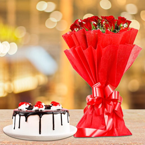 Buy 10 Red Roses With Black Forest Cake
