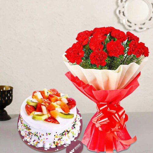 Buy 12 Red Carnations and Fresh Fruit Cake