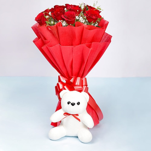 Buy 12 Red Roses With White Teddy Bear