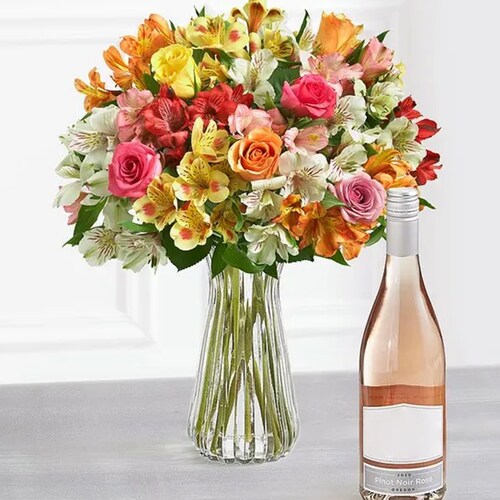 Buy Assorted Roses And Lilies With Wine