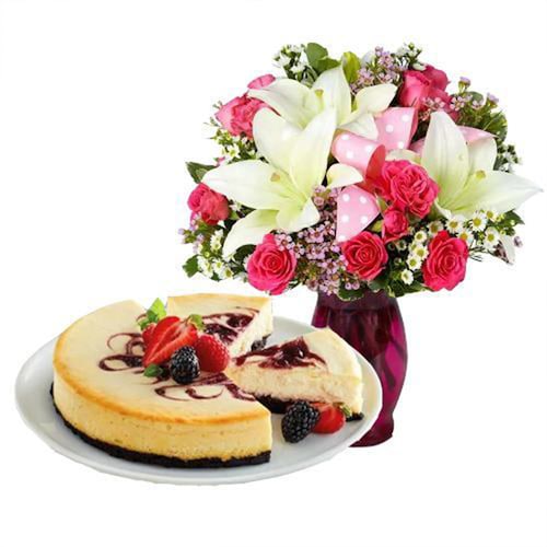 Buy Mix Flowers Bouquet with Berry Chocolate Cheesecake