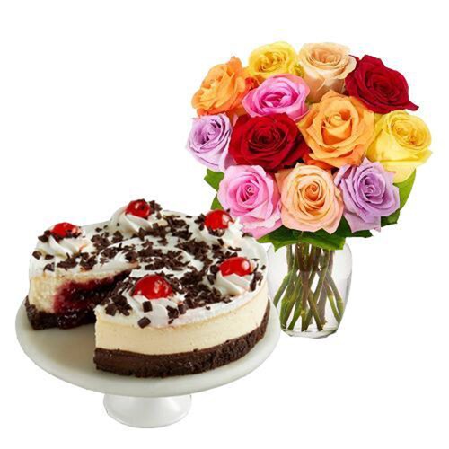 Buy 12 Mix Roses with Black Forest Cheesecake