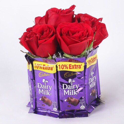 Buy 10 Red Roses With Dairy Milk Chocolates