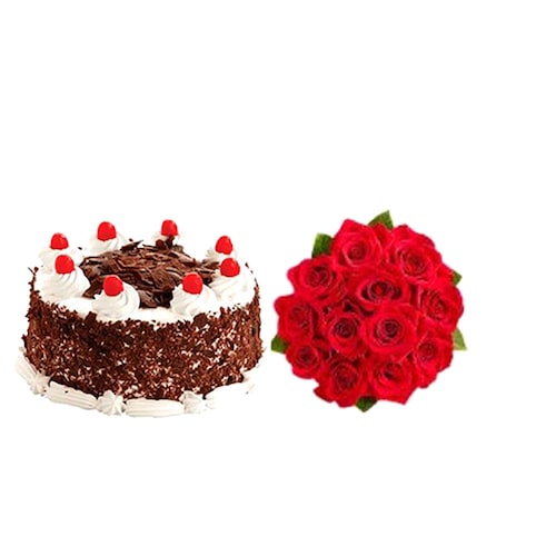 Buy Black Forest Cake WIth 12 Red Roses