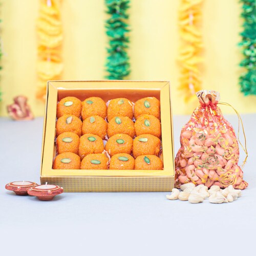 Buy Laddu with Cashews and Diyas