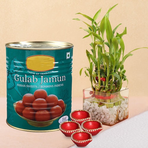 Buy Gulabjamun With Lucky bamboo and Diyas