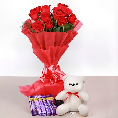 12 Red Roses With Teddy and Dairy Milk Chocolate