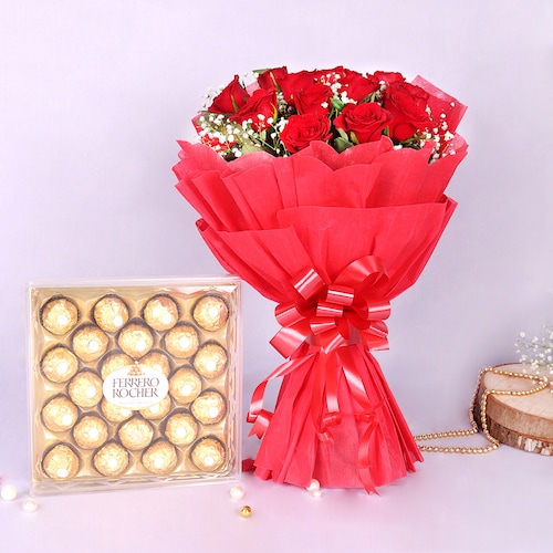 Buy Beautiful Red Rose with Farrow Rocher Hamper