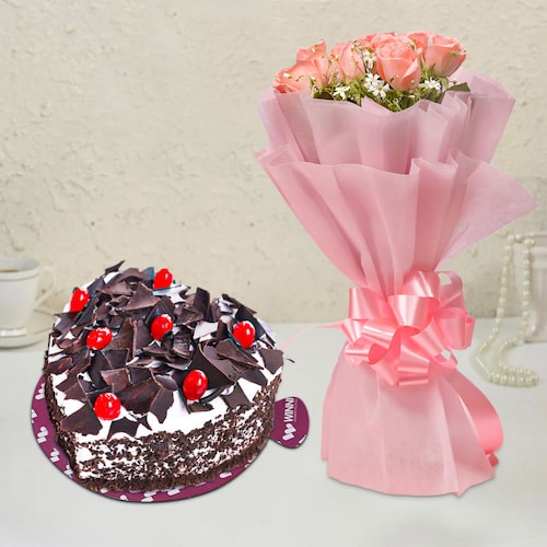 Buy Pink Roses With Black Forest Cake