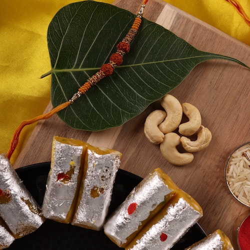 Buy Rudraksha Beads Rakhi And Roll Kaju Katli 250 gm