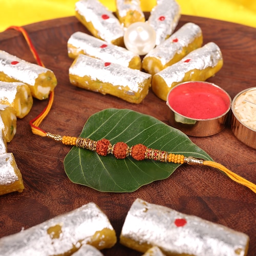Buy Rudraksha Beads Rakhi And Kaju Katli Roll 400 gm