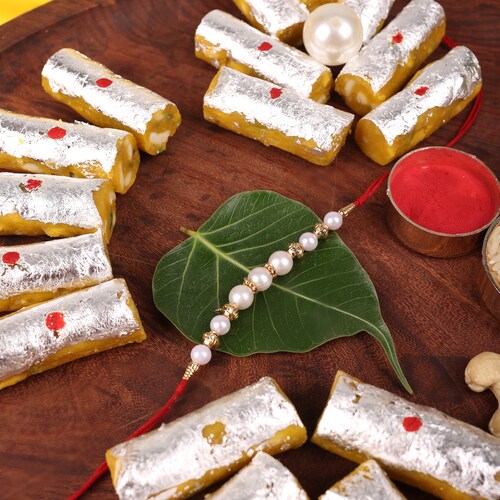 Buy White Pearl Rakhi With Kaju Katli  Roll 250 Gm