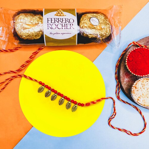 Buy Golden Leaf Rakhi With Ferrero Rocher